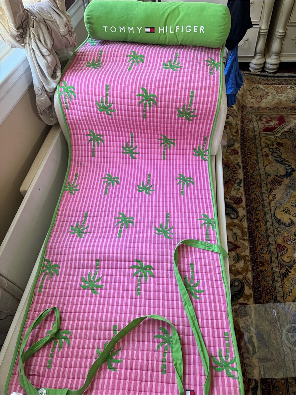 Tommy Hilfiger Pink Quilted Palm-Print Beach Throw with Green Trim